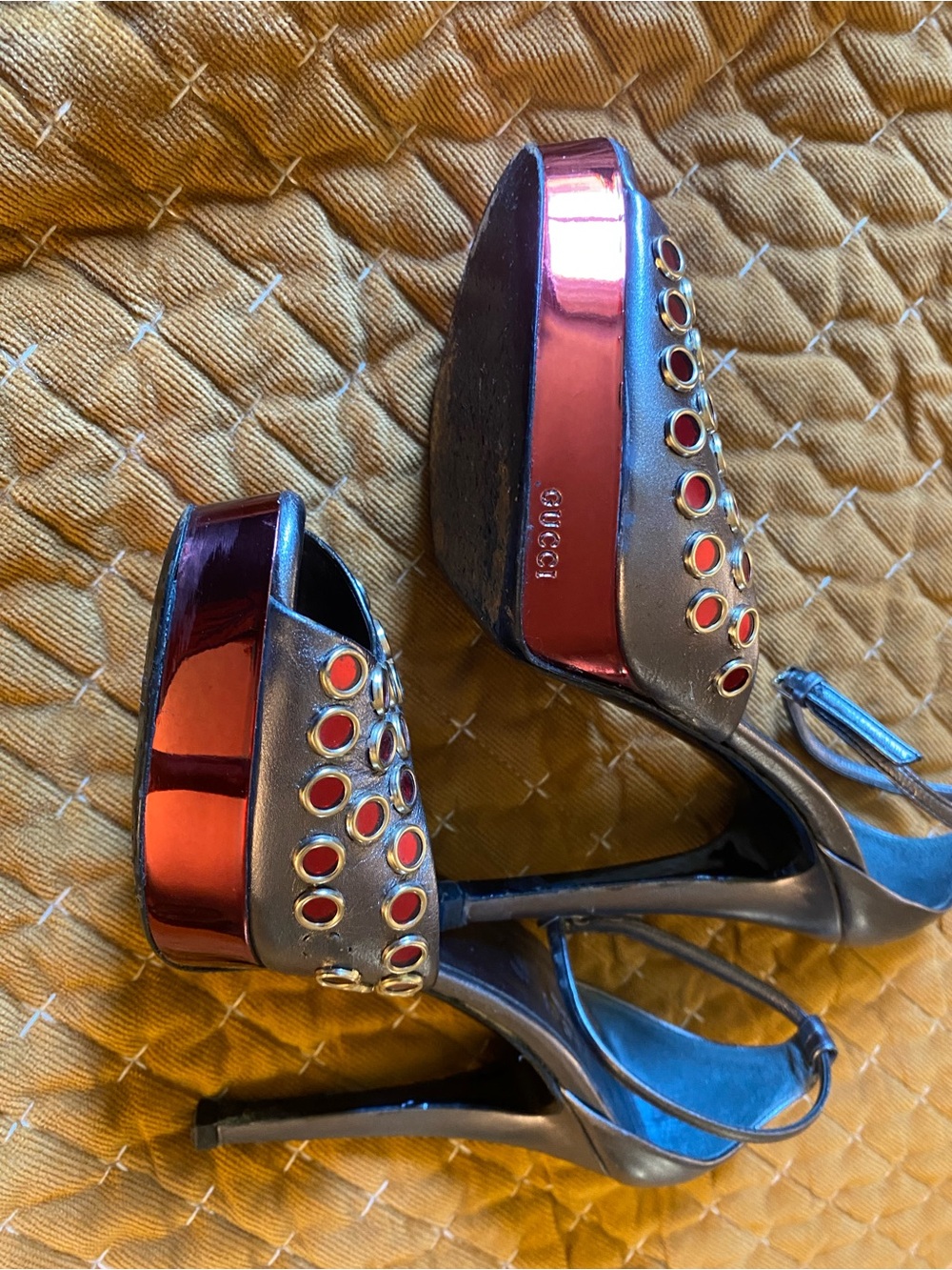 Gucci Red Metallic and Black Platform Sandals with Grommet Detail
